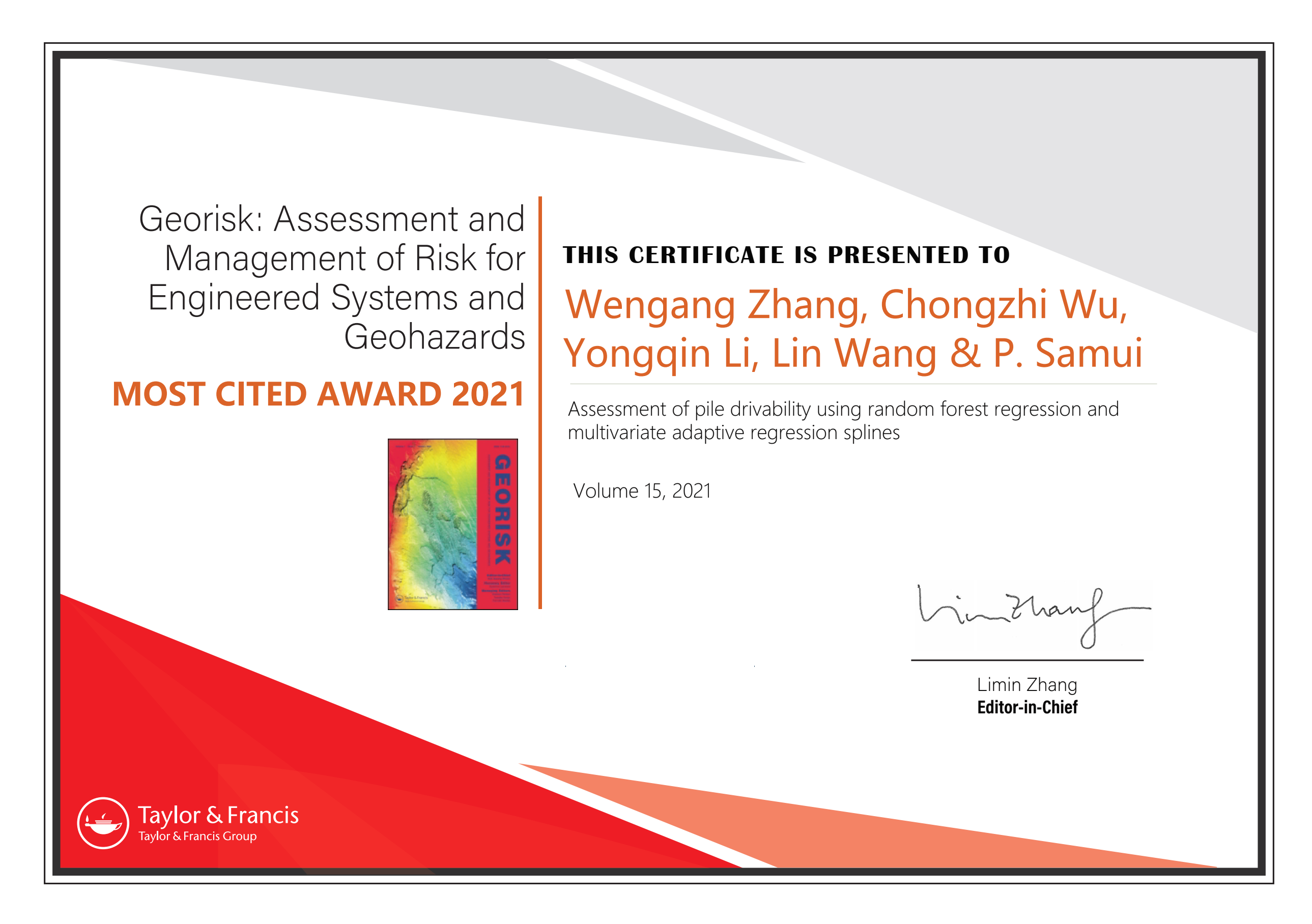 土木工程学院仉文岗教授获Georisk期刊MostCitedPaperAward2021奖