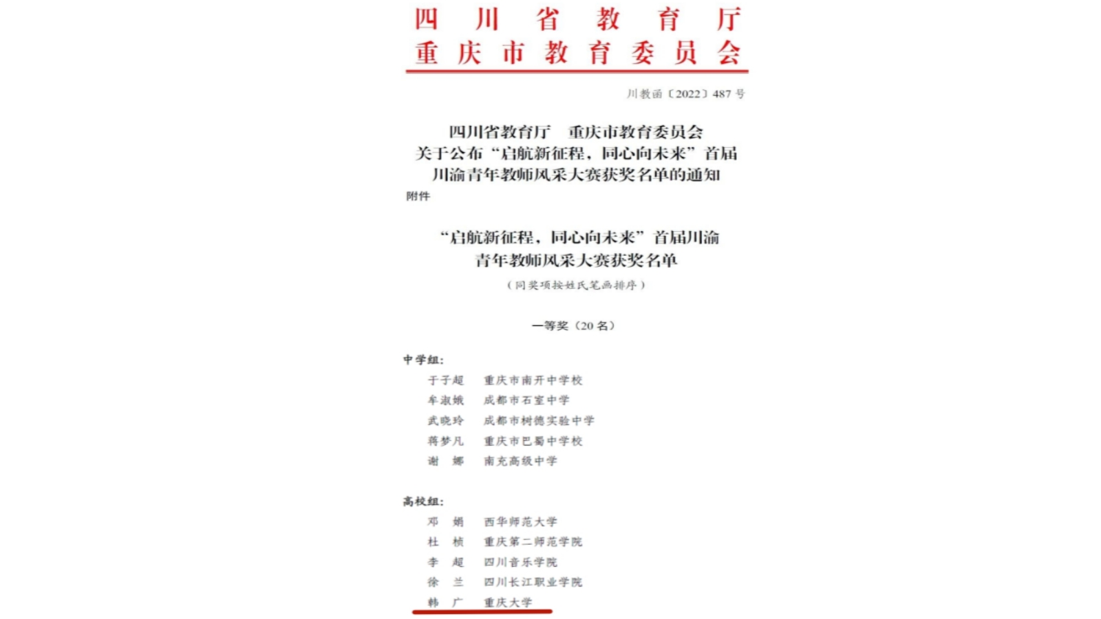 重庆大学教师韩广获首届川渝青年教师风采大赛一等奖